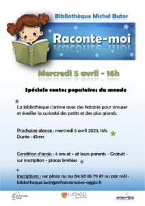Flyer - présentation "Raconte-moi" à la bibliothèque Michel Butor