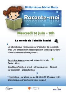 Flyer - présentation "Raconte-moi" à la bibliothèque Michel Butor - 14062023