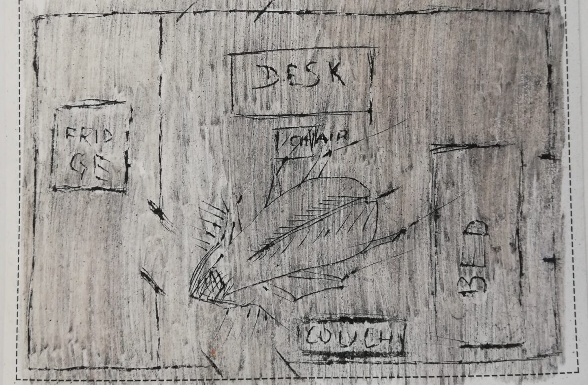 "Couch", par Isabelle Barat, charbon de bois sur papier, 10 x 15 cm, 2015