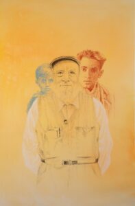 "Michel Butor", œuvre originale créée par l’artiste Mylène Besson dans le cadre du Centenaire de la naissance de l’écrivain (1926-2026) et réalisée à l’encre, fusain, sanguine et pastel, 80x120 cm, 2025