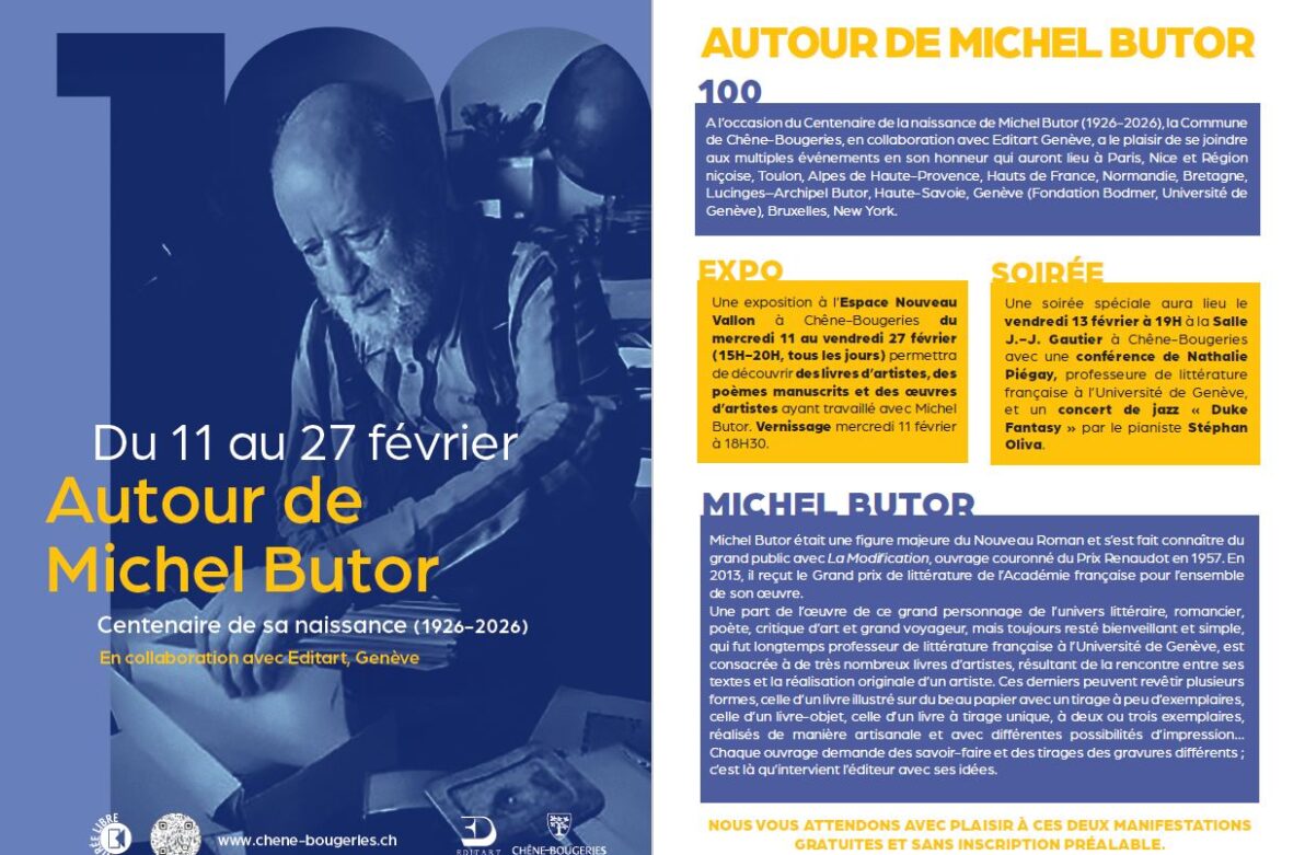 Exposition "Autour de Michel Butor", organisée par la maison d'édition Editart, à l'Espace Nouveau Vallon (Chêne-Bougeries, Suisse).