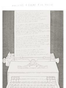 "Machine à écrire à la main", gravure en noir de Grégory Masurovsky et texte manuscrit de Michel Butor, 1980