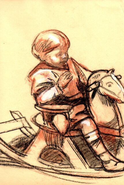 Michel Butor sur un cheval à bascule, dessiné par son père Emile Butor